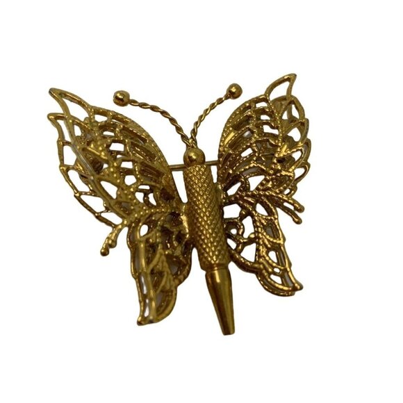 Vintage MONET Butterfly Brooch Gold Tone Double Wings Filigree Pin GrannyCore - Picture 6 of 10
